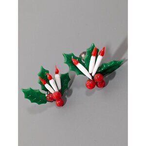 Vintage‎ Christmas Holly Candlestick Glass Screw Back Earrings Green Red